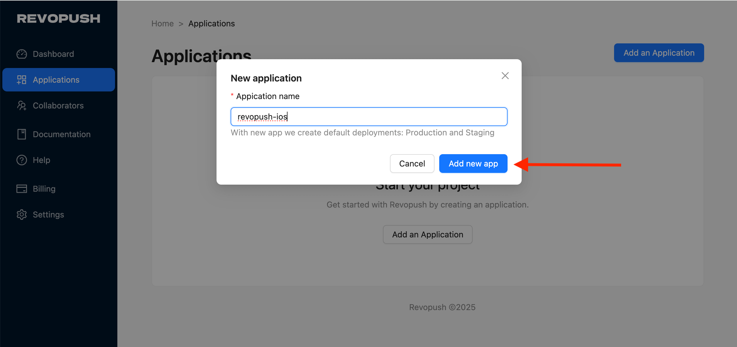 Add new application modal